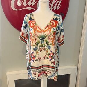 Johnny Was 100% Silk Scalloped Edge Short Sleeve Ruffle Hem Blouse, oversized S